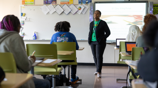 A teacher leads an English class at a high school in Richmond, Virginia. (Parker Michels-Boyce/The Washington Post via Getty Images)