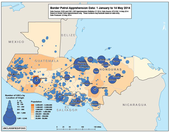 DHS map of where unaccompanied children are coming from in Guatemala, Honduras, El Salvador