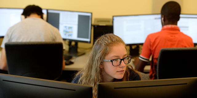 Kimber Hendrix works on a presentation on a gray water recycling system during the Summer Multicultural Engineering Training at Colorado School of Mines on July 28 in Golden, Colorado. The two-week program brings rising high school juniors and seniors from Colorado to live, learn and get a feel for college life. (Seth McConnell/The Denver Post via Getty Images)