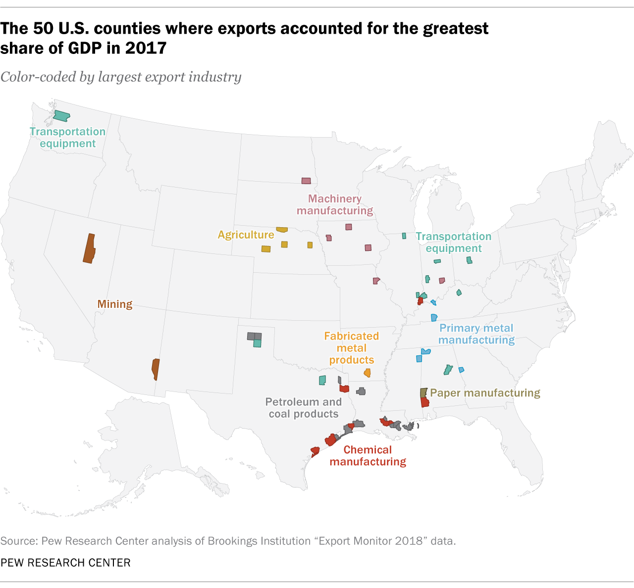 The 50 U.S. counties where exports accounted for the greatest share of GDP in 2017