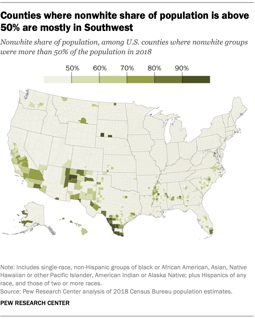Counties where nonwhite share of population is above 50% are mostly in Southwest
