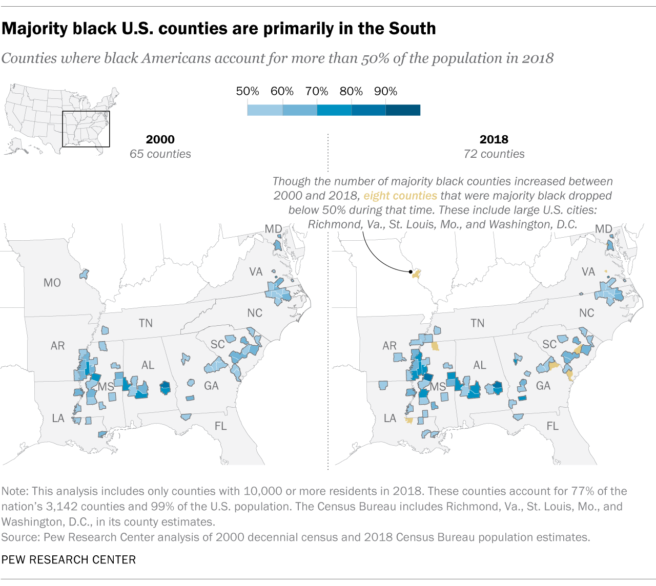 Majority black U.S. counties are primarily in the South