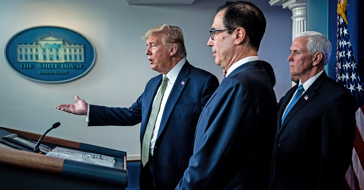 President Donald Trump, Treasury Secretary Steven Mnuchin and Vice President Mike Pence speak at a White House press briefing about U.S. response to the COVID-19 pandemic. (Jabin Botsford/The Washington Post via Getty Images)