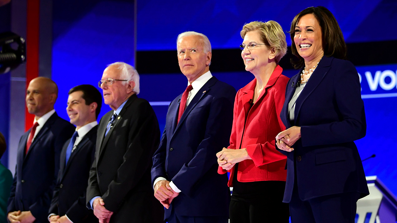 Democrats' presumptive presidential nominee for 2020, former Vice President Joe Biden, at a September 2019 debate in Houston with then-candidates Cory Booker, Pete Buttigieg, Bernie Sanders, Elizabeth Warren and Kamala Harris. (Frederic J. Brown/AFP via Getty Images)