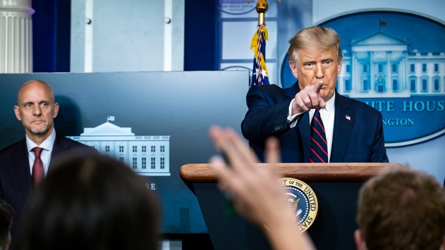President Donald Trump takes questions from reporters after announcing an emergency authorization of the use of blood plasma to treat COVID-19 at the White House on Aug. 23, 2020. (Pete Marovich/Getty Images)