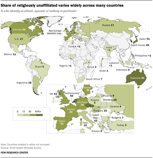 La proporción de personas sin afiliación religiosa varía ampliamente entre muchos países