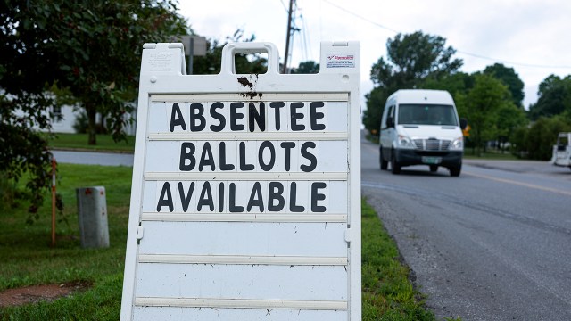 A sign outside the Charlotte, Vermont, Town Hall on Aug. 10, 2020. (Robert Nickelsberg/Getty Images)