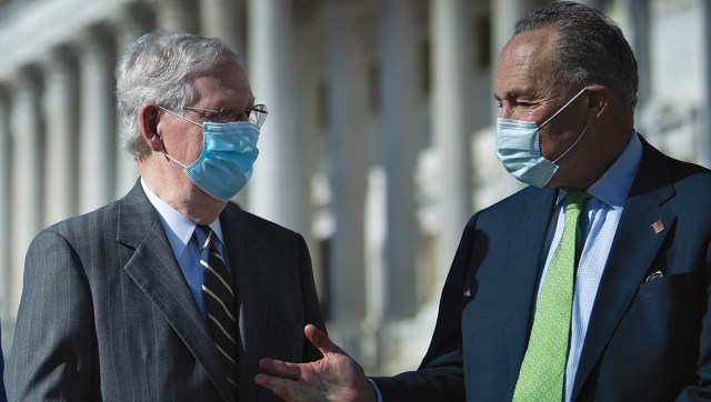 Senate Majority Leader Mitch McConnell and Minority Leader Chuck Schumer outside the U.S. Capitol on July 29, 2020. (Brendan Smialowski-Pool/Getty Images)