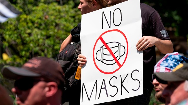 Anti-mask protesters outside the Ohio Statehouse in Columbus on July 18, 2020. (Jeff Dean/AFP via Getty Images)