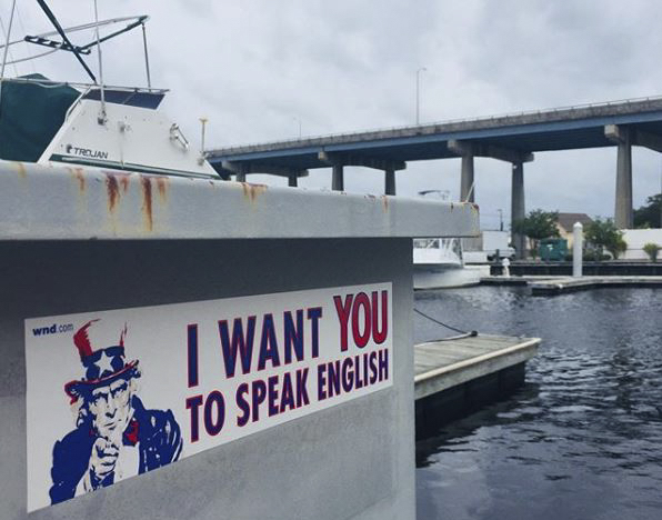 A poster on the side of a marina in North Myrtle Beach, South Carolina, in September 2018. (Leila Macor/AFP via Getty Images)