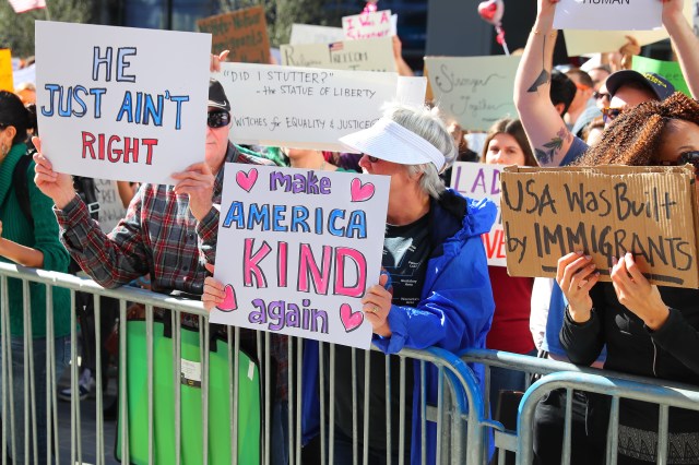 Protesters outside Houston’s George R. Brown Convention Center denounce President Donald Trump’s declared ban on Muslims shortly after his inauguration in January 2017.