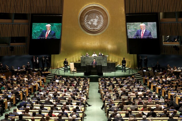 President Donald Trump addresses the UN General Assembly in New York City as it opens its 74th session on Sept. 24, 2019.