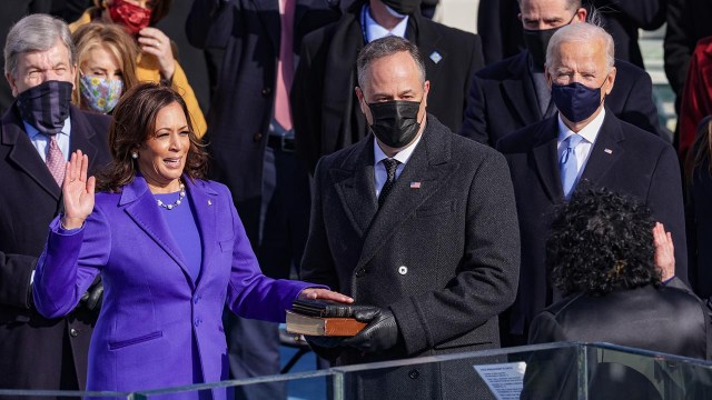 Kamala Harris is sworn in as vice president by Supreme Court Justice Sonia Sotomayor on Jan. 20, 2021, in Washington as Harris’ husband, Doug Emhoff, and Joe Biden look on. (Alex Wong/Getty Images)