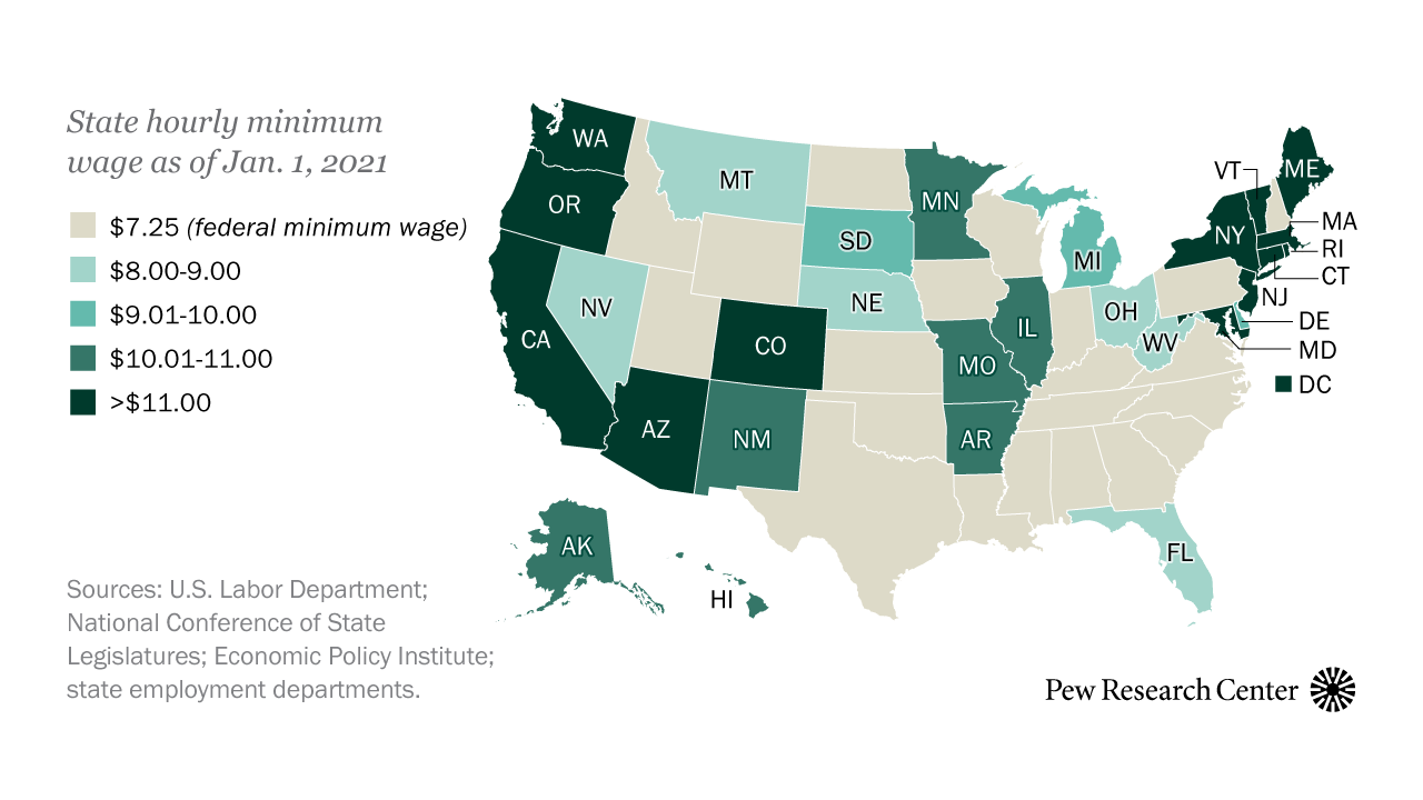 State hourly minimum wage as of Jan. 1, 2021 Pew Research Center