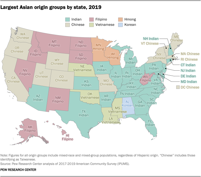 Largest Asian origin groups by state, 2019