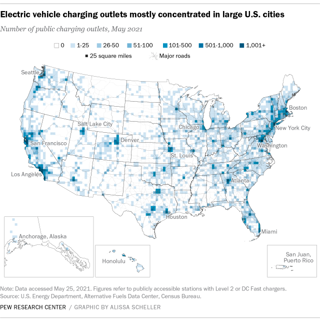 Electric vehicle charging points are mostly concentrated in large US cities.