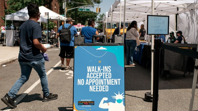 Families visit a pop-up COVID-19 vaccination site on June 5, 2021, in the Jackson Heights neighborhood of New York City. (Scott Heins/Getty Images)