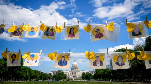 A temporary memorial on the National Mall in Washington, D.C., displays names of those who died from COVID-19 on May 5, 2021. (Drew Angerer/Getty Images)