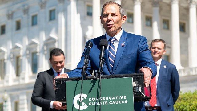 Rep. John Curtis speaks during the press conference introducing the Republican Climate Caucus outside of the Capitol on Wednesday, June 23, 2021.
