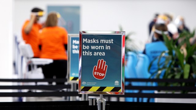 COVID-19 signage at the South Western Sydney Vaccination Centre on July 26, 2021, in Sydney, Australia.