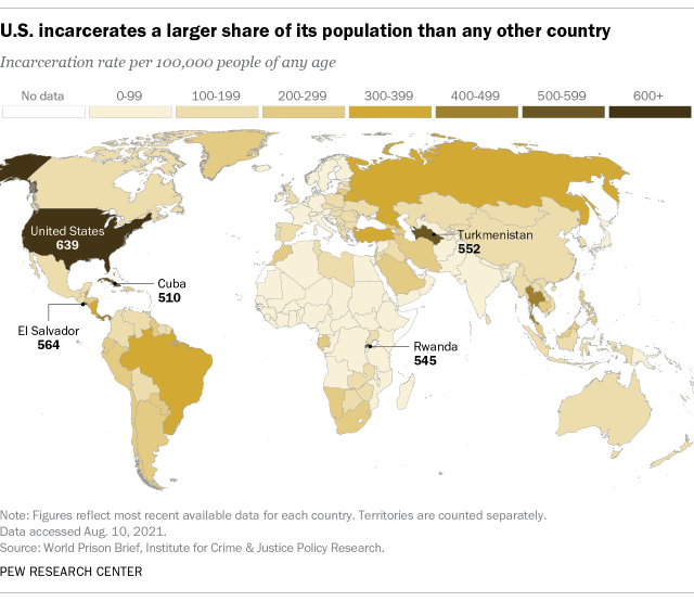 A map showing that the U.S. incarcerates a larger share of its population than any other country
