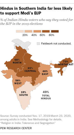 A map showing that Hindus in Southern India far less likely to support Modi's BJP