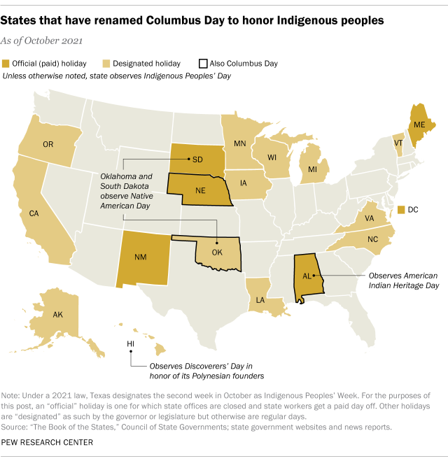 A map showing the states that renamed Columbus Day to honor Indigenous peoples