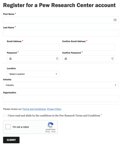 A screenshot showing how to register for a Pew Research Center account