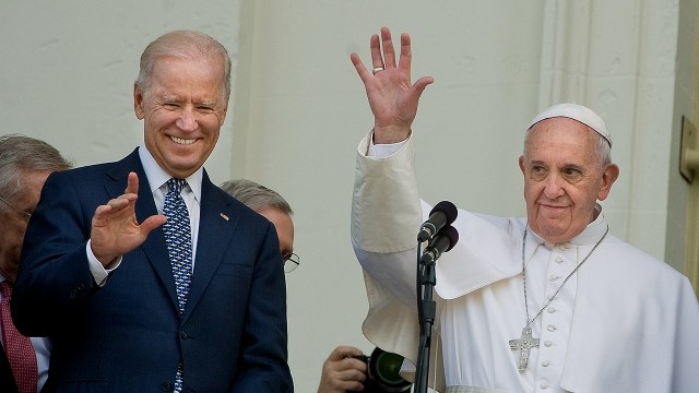 Pope Francis is joined by then-Vice President Joe Biden after addressing Congress on Sept. 24, 2015, during his first visit to the United States.