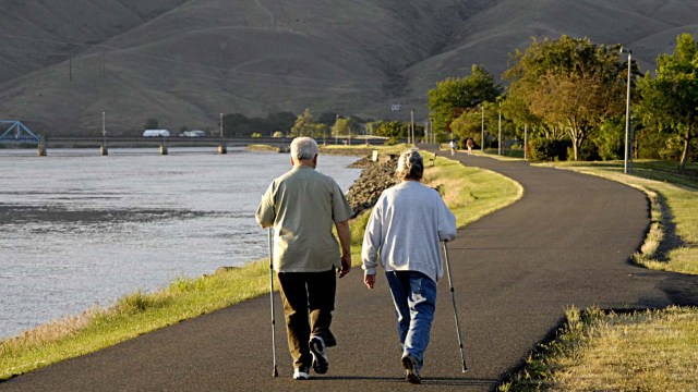 An older couple walking on a paved nature trail.