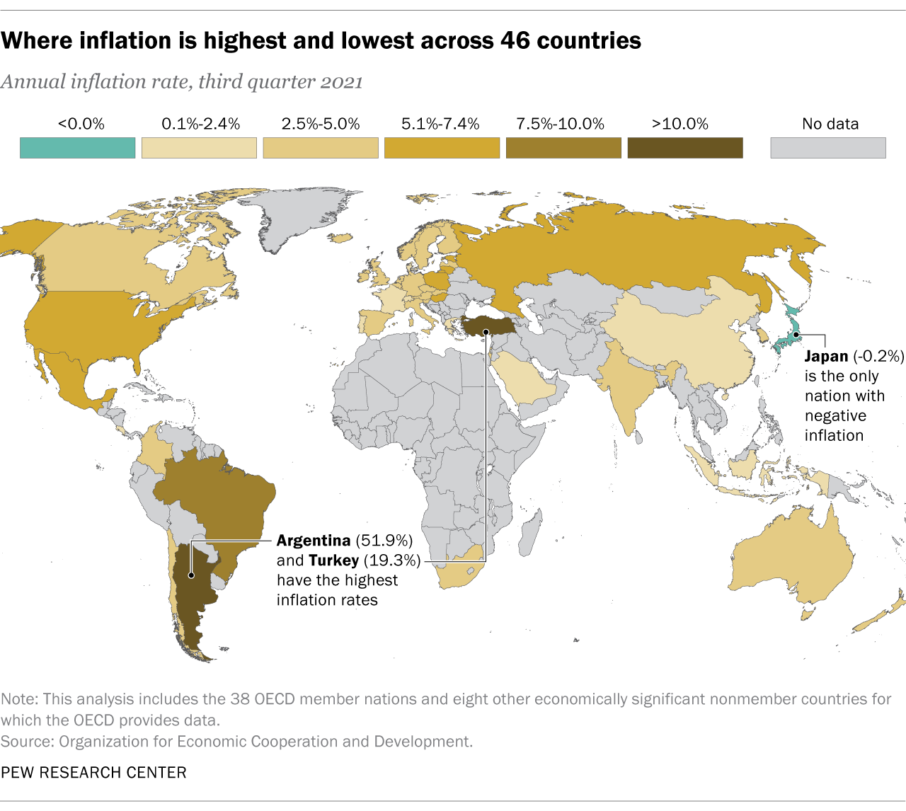 et kort, der viser, hvor inflationen er højest og lavest i 46 lande 