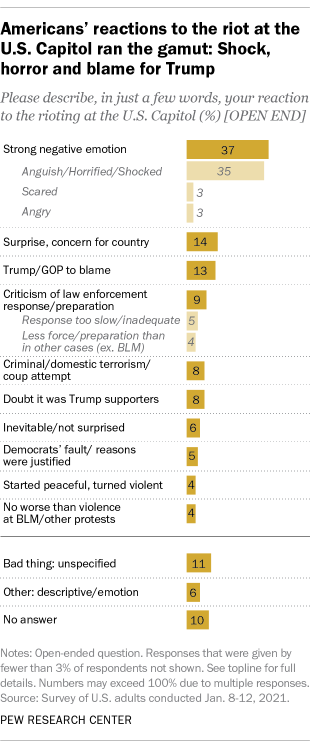 A bar chart showing that Americans' reactions to the riot at the U.S. Capitol ran the gamut: Shock, horror and blame for Trump