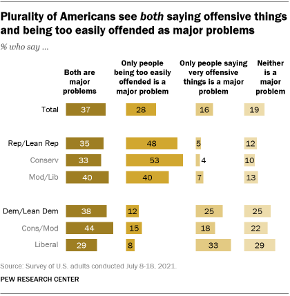 A bar chart showing that plurality of Americans see both saying offensive things and being too easily offended as major problems