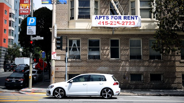 A "for rent" sign is posted on an apartment building on June 2, 2021, in San Francisco.