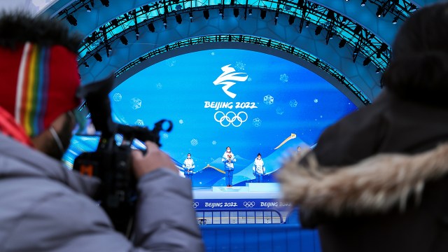 A rehearsal takes place at the Medals Plaza of the Beijing 2022 Winter Olympics on Jan. 3, 2022. 