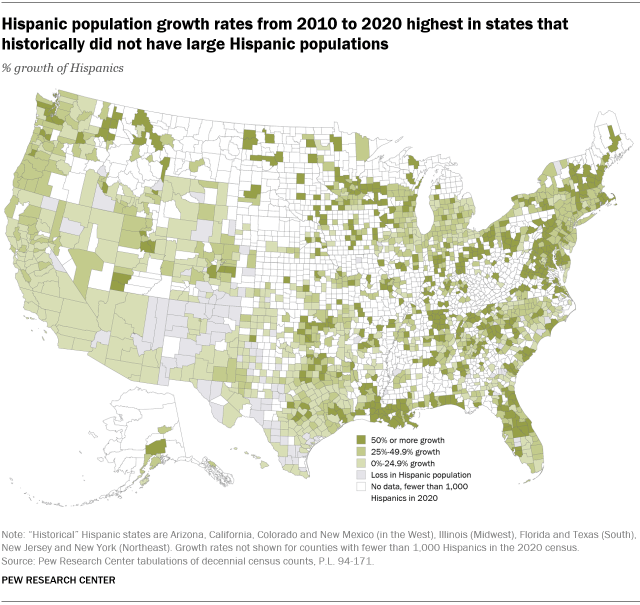 A map showing that Hispanic population growth rates from 2010 to 2020 are highest in states that historically did not have large Hispanic populations