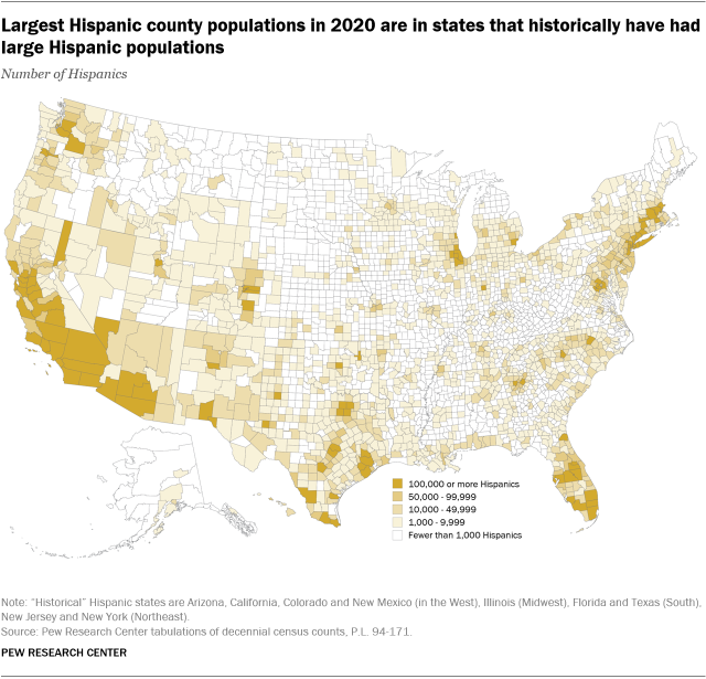 A map showing that the largest Hispanic county populations in 2020 are in states that historically have had large Hispanic populations