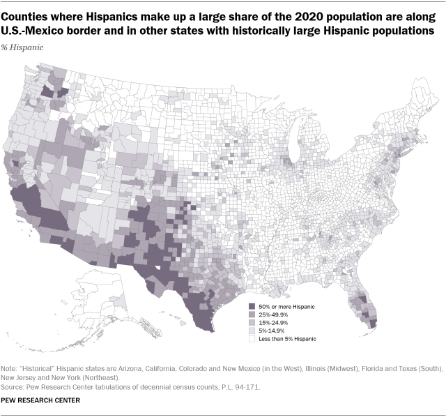 A map showing that the counties where Hispanics make up a large share of the 2020 population are along the U.S.-Mexico border and in other states with historically large Hispanic populations