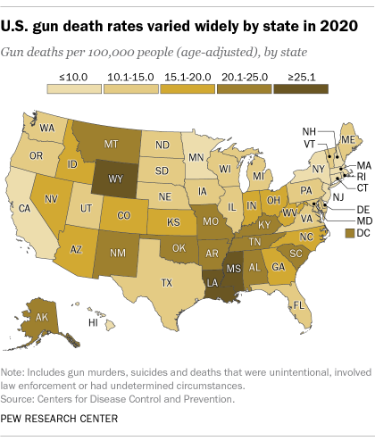 A map showing that U.S. gun death rates varied widely by state in 2020