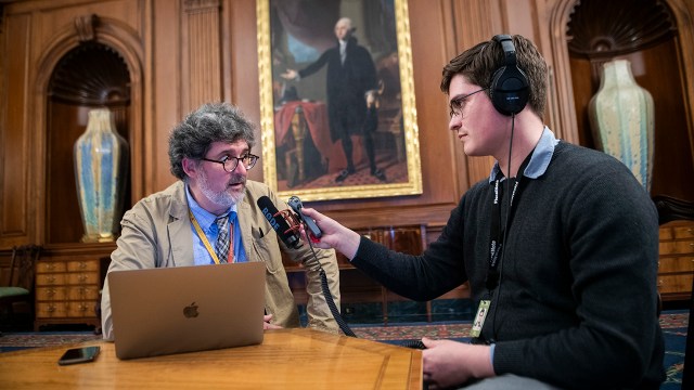 Jason Dick and Evan Campbell record an episode of the "CQ on Congress: Coronavirus Special Report" podcast inside the U.S. Capitol in March 2020.