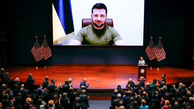 Ukrainian President Volodymyr Zelenskyy addresses Congress via video at the US Capitol on March 16, 2022.