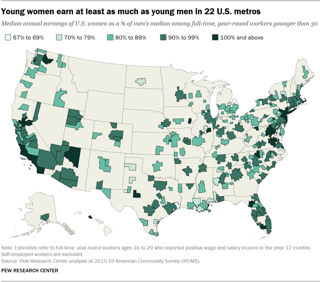 A map showing that young women earn at least as much as young men in 22 U.S. metros