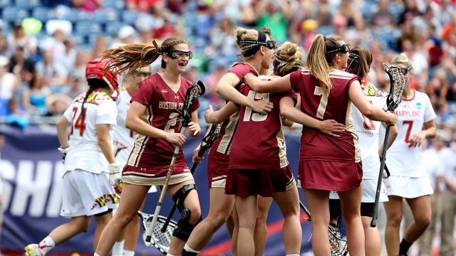Boston College celebrates a goal during the NCAA Women's Lacrosse National Championships in 2017.