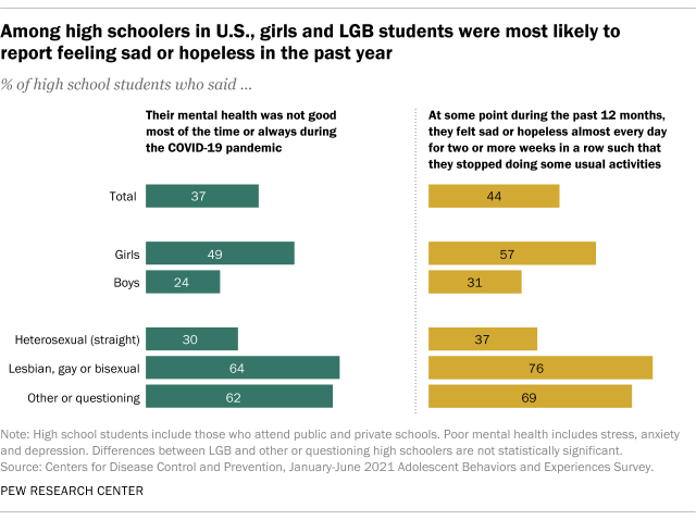 A bar chart showing that among high schoolers in the US, girls and LGB students were the most likely to report feeling sad or hopeless in the past year