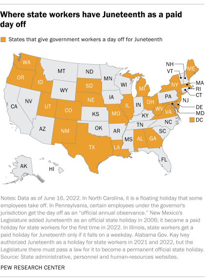 A map showing where state workers have Juneteenth as a paid day off