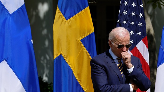 President Joe Biden listens to remarks by Finnish President Sauli Niinisto and Swedish Prime Minister Magdalena Andersson at the White House on May 19, 2022.