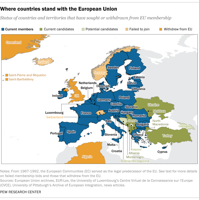 A map showing where countries stand with the European Union
