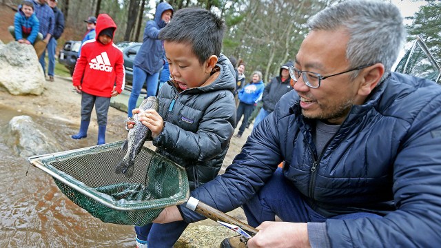 A father and son help the Massachusetts Division of Fisheries and Wildlife stock trout at Little Pond in Plymouth, Massachusetts, in April 2022.