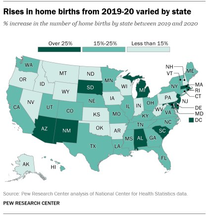 A map showing that rises in home births from 2019-20 varied by state