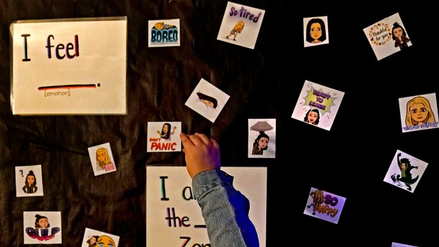 A student points to her feelings in a sensory room at Williams Elementary School on Nov. 3, 2021, in Topeka, Kansas.